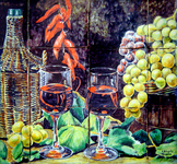 Drinking glasses, grapes and carafe